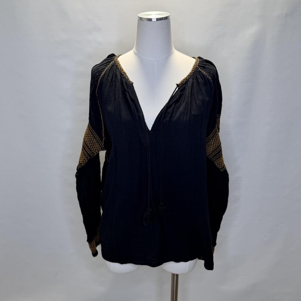 Mes Demoiselles Blouse Womens 40 Black Tircis Embroidered Boho Peasant Tunic